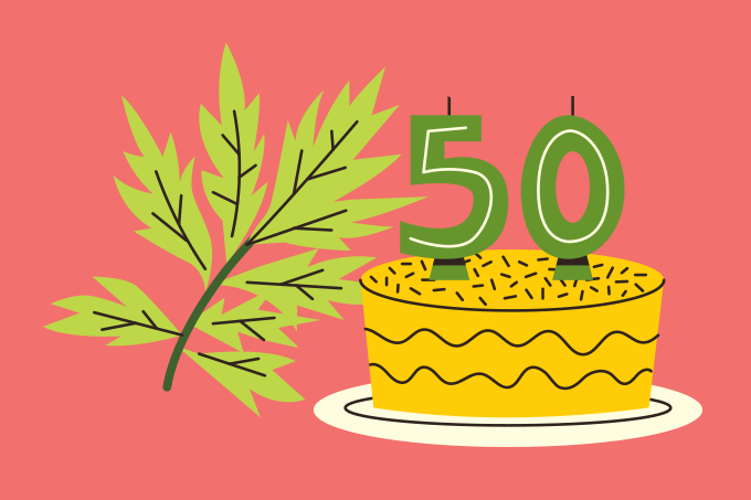 ilustração de planta com bolo de aniversário de 50 anos