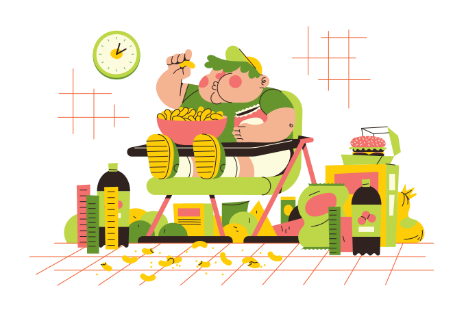 ilustração de criança acima do peso comendo salgadinho no cadeirão