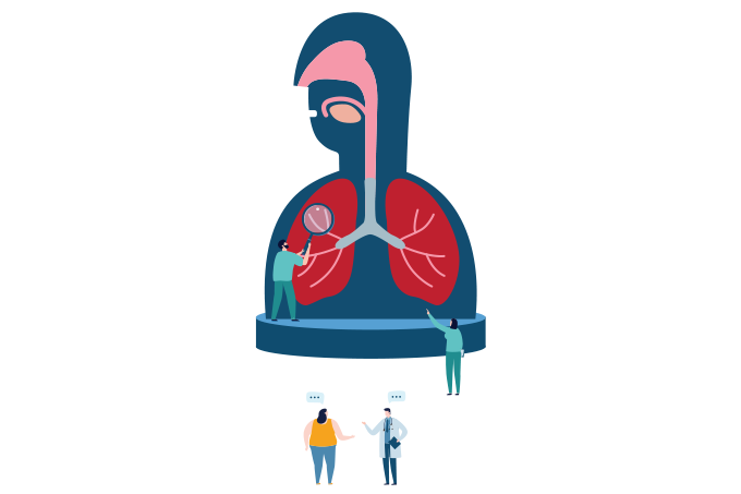ilustração de pessoas vendo um corpo com pulmão