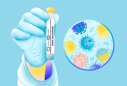 ilustração de mão de cientista com cultura de vírus