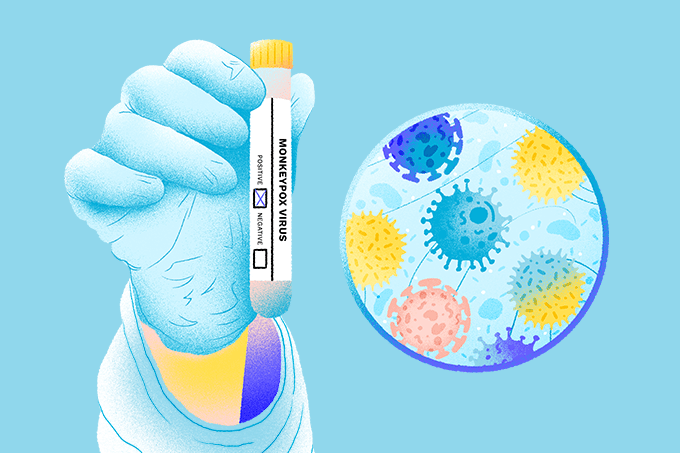 ilustração de mão de cientista com cultura de vírus