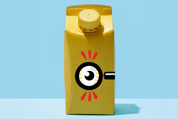 ilustração de embalagem tetrapak com um símbolo de lupa em formato de olho