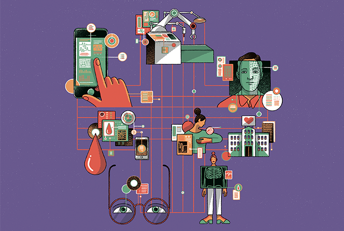 ilustração de celular conectado a médicos, exames e procedimentos