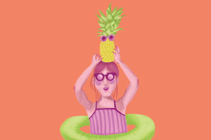 ilustração de criança com boia e abacaxi na cabeça