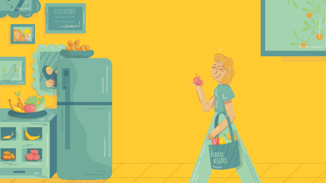ilustração de mulher caminhando em sua cozinha