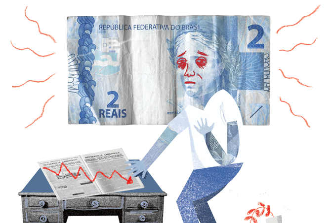 ilustração de nota de 2 reais com a figura do dinheiro preocupada