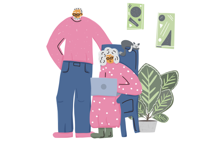 ilustração de casal de idosos em casa