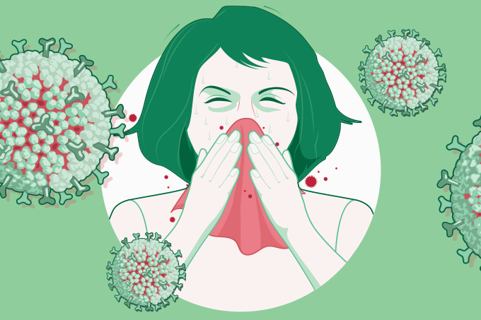 ilustração de mulher assoando nariz com vírus em volta dela