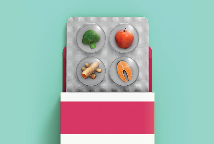 ilustração de cartela de comprimidos com comidas dentro