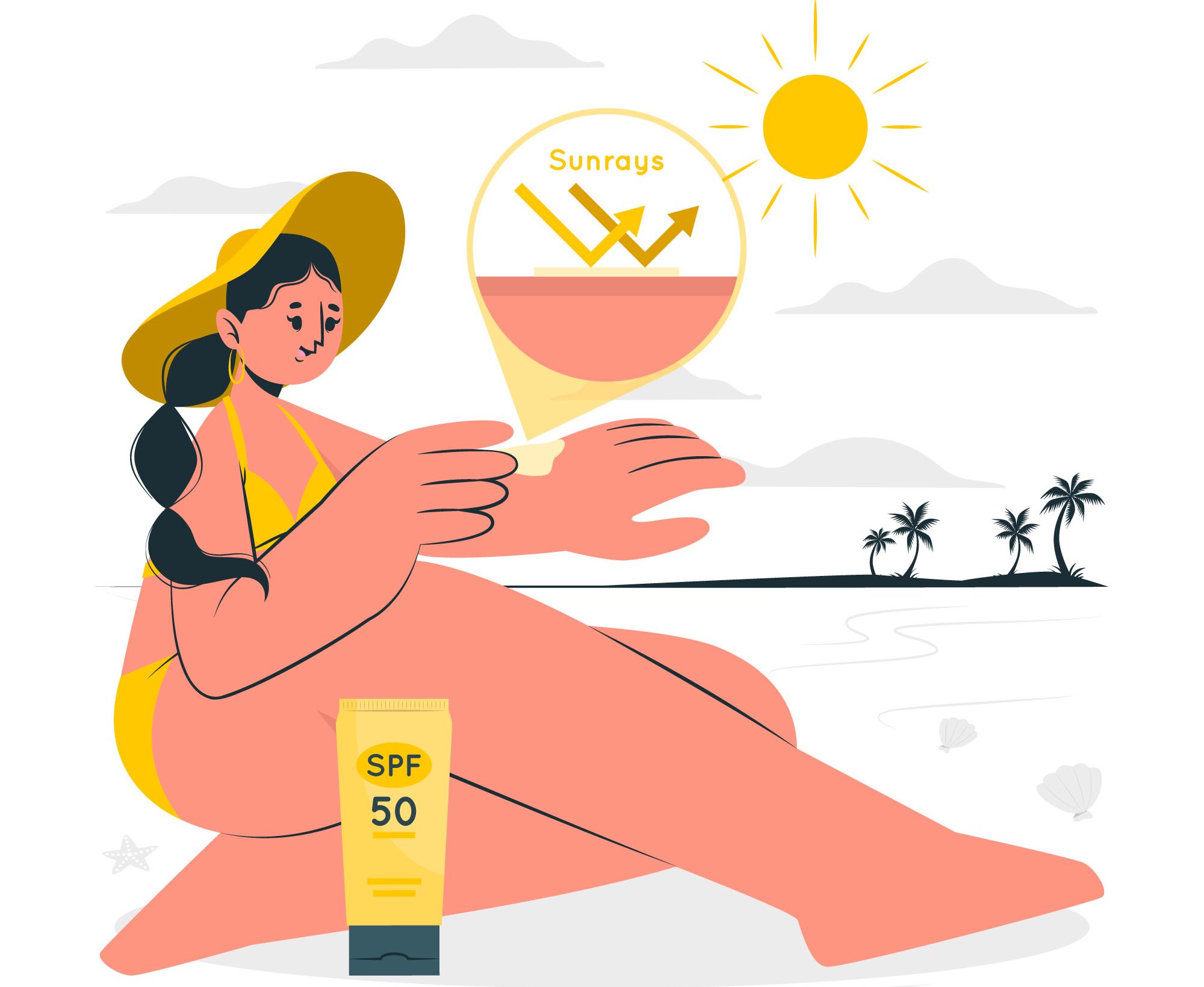 ilustra mulher passando protetor solar