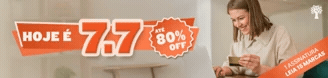 Paywall mobile Banner promocional com a frase HOJE É 7.7 em destaque e um selo ATÉ 80% OFF. À direita, uma mulher sorridente, de camisa clara, segura um cartão dourado enquanto digita em um notebook. No canto inferior direito, uma faixa laranja com 1 ASSINATURA LEIA 15 MARCAS e um ícone de árvore no canto superior direito