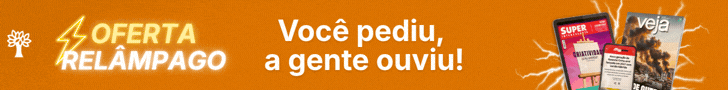 Banner laranja com texto branco OFERTA RELÂMPAGO e um raio amarelo, seguido de Você pediu, a gente ouviu!. À direita, capas de revistas Superinteressante e Veja, e um celular com aplicativo aberto