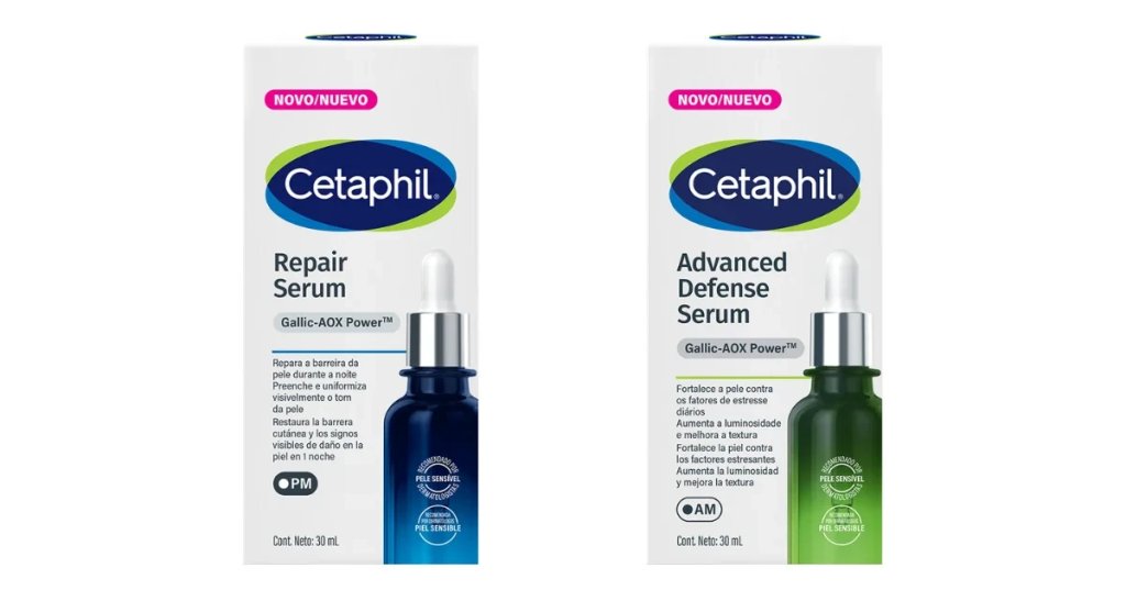 Duas caixas de sérum Cetaphil, lado a lado, em fundo branco. À esquerda, a caixa branca do Repair Serum, com detalhes em azul e um frasco azul-escuro com conta-gotas. À direita, a caixa branca do Advanced Defense Serum, com detalhes em verde e um frasco verde-escuro com conta-gotas