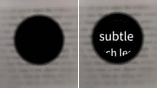 implante-dmri Duas imagens lado a lado de uma página de texto borrada. À esquerda, um círculo preto cobre parte do texto. À direita, o círculo preto revela a palavra subtle em branco, com outras letras borradas abaixo