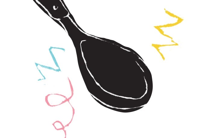 Ilustração de uma colher de pau preta com contorno branco, inclinada para baixo e para a direita, com rabiscos coloridos em zigue-zague e espiral ao redor, sobre fundo branco