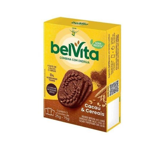 Caixa de biscoitos BelVita Cacau & Cereais, amarela e marrom, com um biscoito escuro em destaque, pó de cacau e espigas de trigo. Informa Nova Receita, Fonte de cálcio e fibras, 0% gorduras trans e 4 cereais integrais (66%). Contém 3 unidades de 25g, totalizando 75g