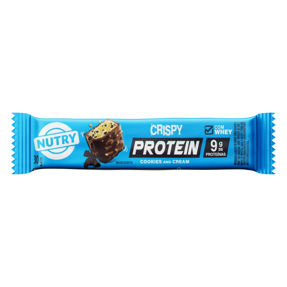 Barra de proteína Nutry Crispy sabor Cookies and Cream, embalagem azul com 30g, mostrando um pedaço da barra com cobertura de chocolate e recheio de biscoito, e a informação 9g de proteínas e com whey