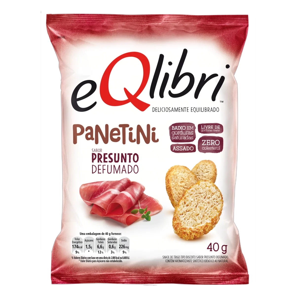 Embalagem de snack eQlibri PaNeTiNi sabor presunto defumado, com fatias de presunto e biscoitos redondos. O pacote branco e vermelho destaca que é baixo em gorduras saturadas, assado, livre de gorduras trans e zero colesterol. Informa 40g e tabela nutricional