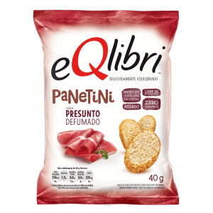 33330136 Embalagem de snack eQlibri PaNeTiNi sabor presunto defumado, com fatias de presunto e biscoitos redondos. O pacote branco e vermelho destaca que é baixo em gorduras saturadas, assado, livre de gorduras trans e zero colesterol. Informa 40g e tabela nutricional