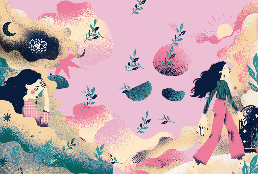 Ilustração de uma mulher com cabelo escuro, blusa verde e calça rosa caminhando em direção à luz do sol, enquanto outra mulher, com expressão de dor, segura a cabeça em um cenário noturno com nuvens escuras e uma lua crescente. Folhas verdes flutuam em um fundo rosa, simbolizando transição de um estado de angústia para um de esperança
