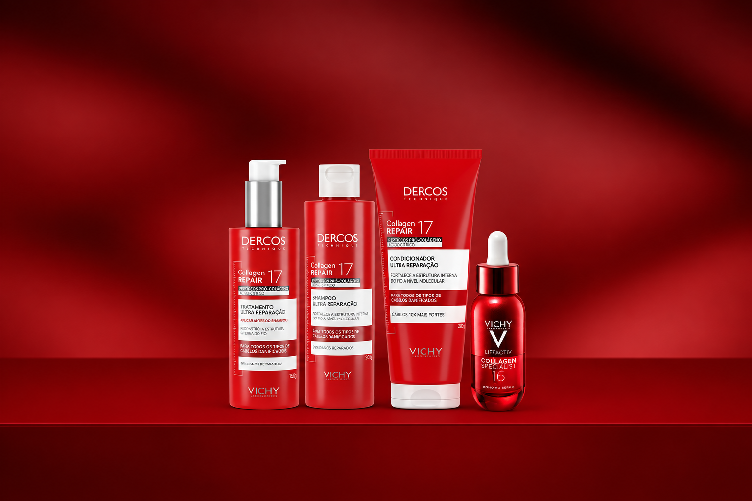 Quatro produtos Vichy em embalagens vermelhas e brancas sobre uma prateleira vermelha. Da esquerda para a direita: tratamento capilar com pump, shampoo, condicionador e um sérum facial com conta-gotas