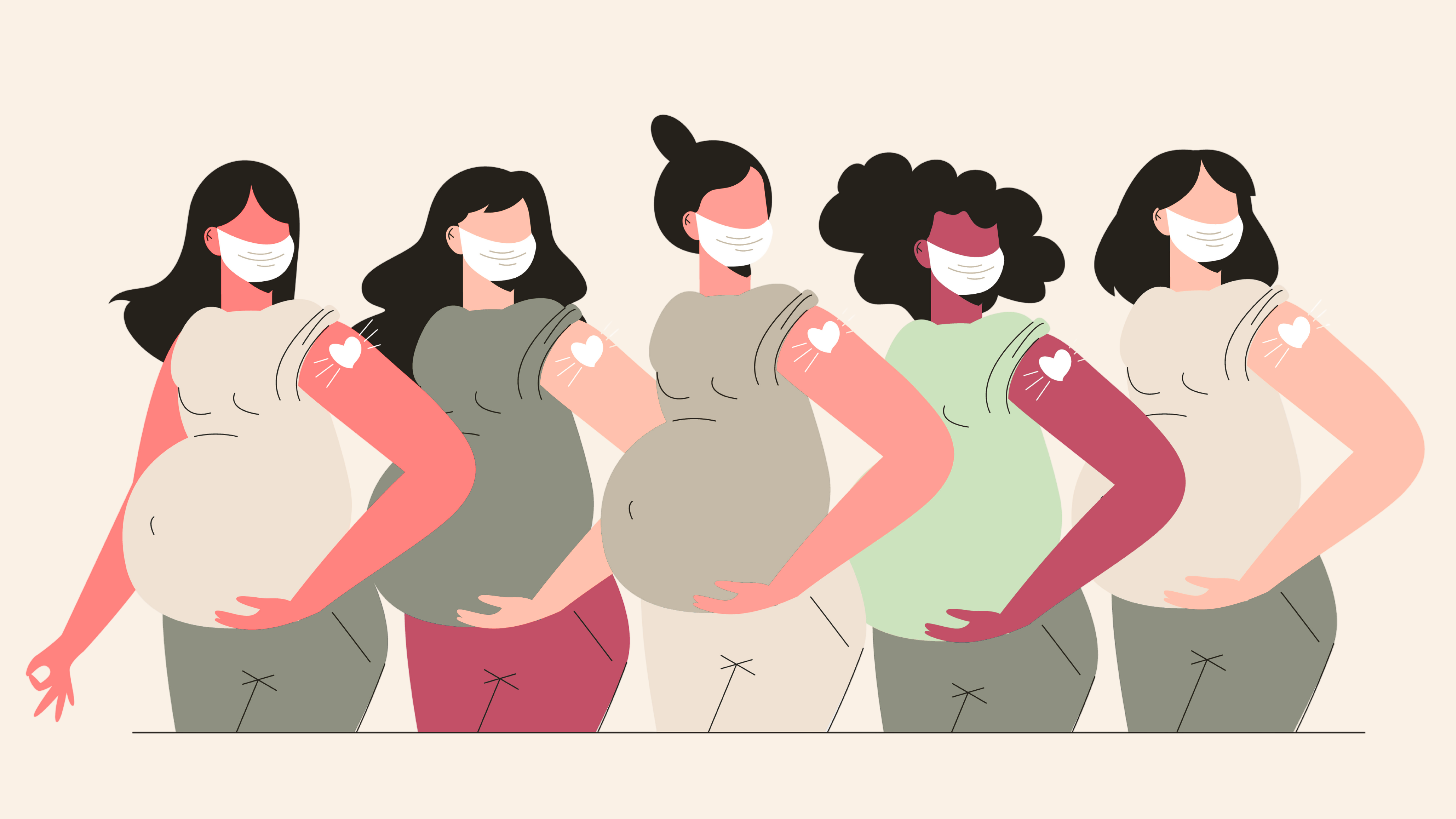 Cinco mulheres grávidas, de diferentes etnias e cabelos, usam máscaras brancas e exibem um curativo de coração no braço, indicando vacinação