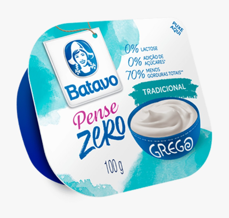 Embalagem de iogurte Batavo Pense Zero Grego Tradicional, 100g. A tampa branca tem detalhes em azul-claro e escuro, com o logo Batavo e a imagem de uma mulher holandesa. Informa 0% lactose, 0% adição de açúcares e 70% menos gorduras totais. Um pote azul com iogurte branco cremoso aparece na parte inferior direita