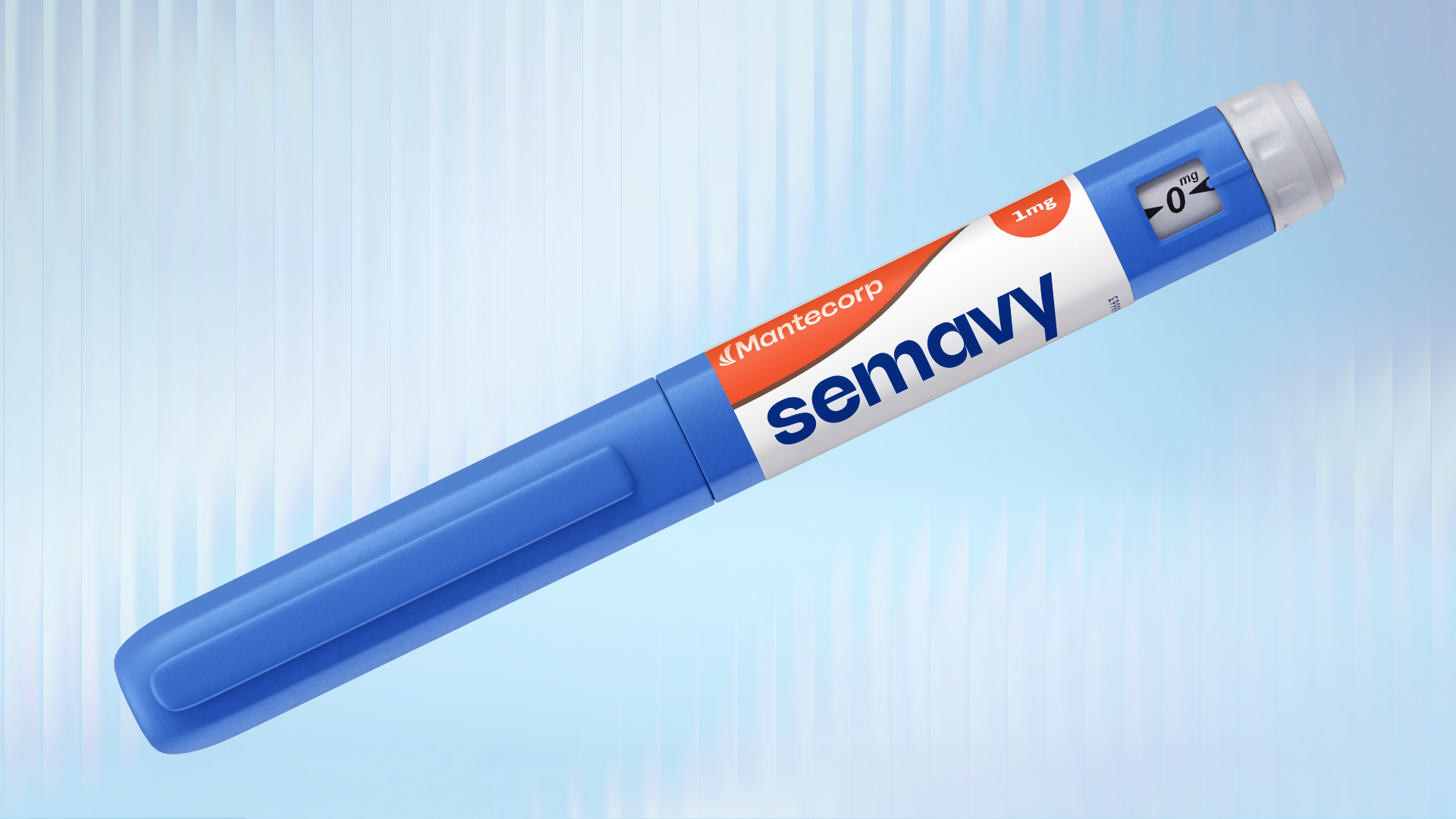 Caneta injetora azul e branca do medicamento Semavy da Mantecorp, com dosagem de 1mg e visor marcando 0 mg, sobre fundo azul claro